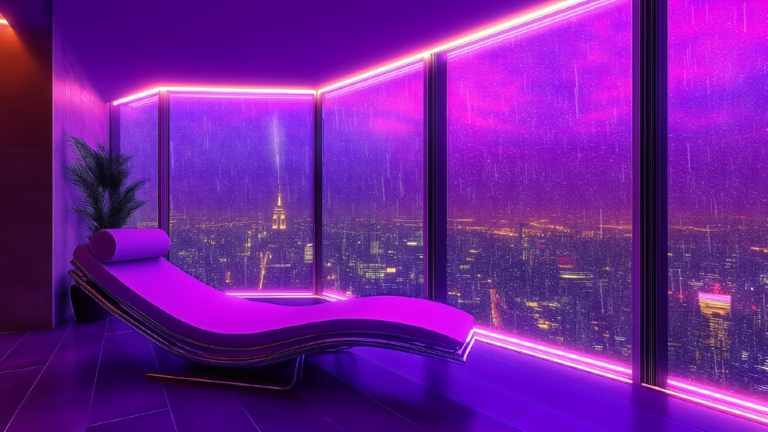 Night City View 5 Animated Background Cyber Penthouse Neon Rain Night City View Futuristic Lounge Cyber Luxury Twitch Stream Zoom Vtuber Background
