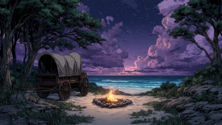 Animated Background Horse Drawn Cart Campfire Shores Sandy Beach Midnight Trail Wandering Flame Twitch Stream Zoom Vtuber Background