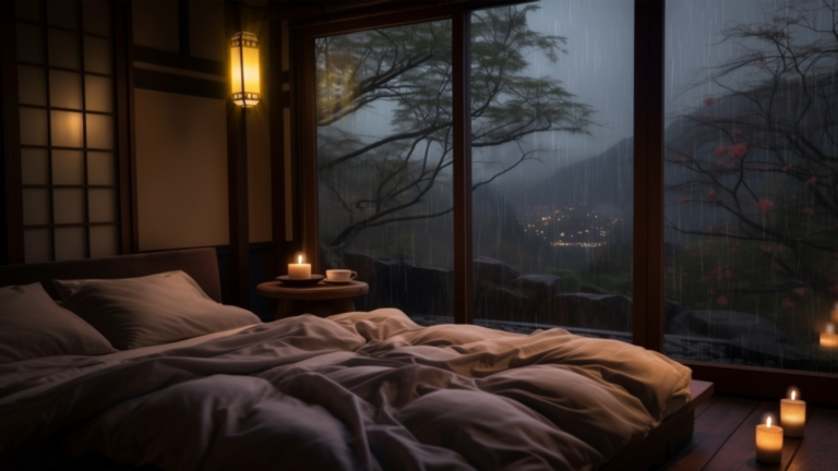 Japanese Bedroom 2 Animated Background Japanese Bedroom Rainy Night View Midnight Calm Peaceful Zen Interior Twitch Stream Zoom Vtuber Background