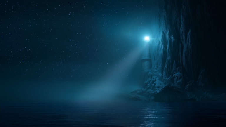 Lonely Lighthouse 2 Animated Background Lonely Lighthouse Starry Ocean Cliff Sea Lightbeam Dark Rock Shore Calm Night Twitch Stream Zoom Vtuber Background