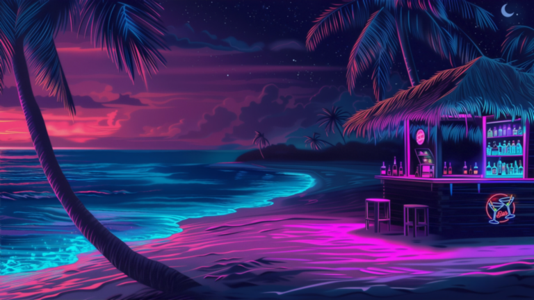 Neon Beach Bar 4 Animated Background Neon Beach Bar Tropical Night Cyber Sunset Synth Vibes Ocean Dreams Twitch Stream Zoom Vtuber Background