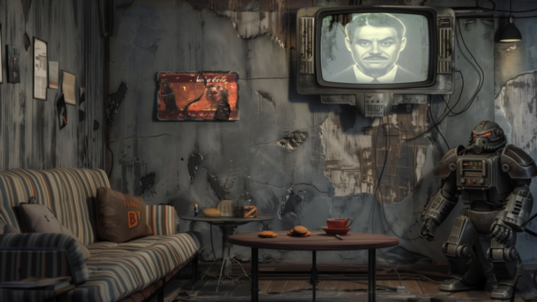 Animated Background Nuclear Retro World Shelter Vibes Robot Guard Dystopian Lounge Broken TV Twitch Stream Zoom Vtuber Background