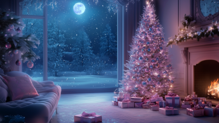 Rose Christmas 3 Animated Background Rose Christmas Moonlight Holiday Winter Wonderland Cozy Fireplace Snow Night Twitch Stream Zoom Vtuber Background