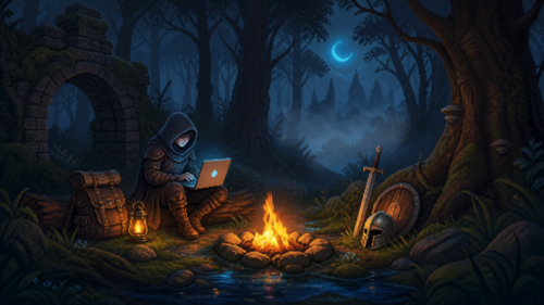 Medieval Traveler with Laptop