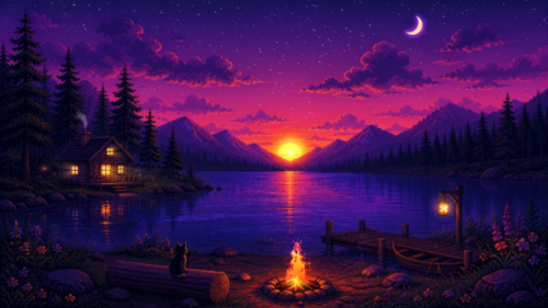 Pixel Lake Cabin Campfire