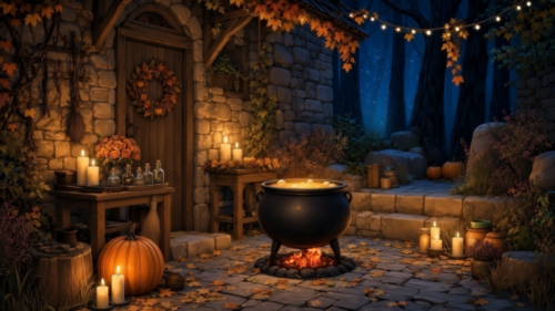 Cozy witch cottage garden Halloween animated background with a bubbling cauldron, candles, pumpkins, potion bottles, autumn leaves and a dark forest path