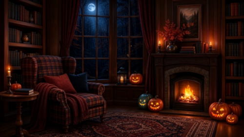 Cozy Halloween animated background with a plaid armchair, glowing fireplace, jack-o’-lanterns, candles, bookshelves and a moonlit forest outside the window