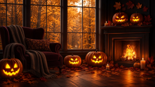 Cozy Halloween animated background with glowing jack-o’-lanterns, a warm fireplace, armchair, candlelight and an orange autumn forest outside large windows