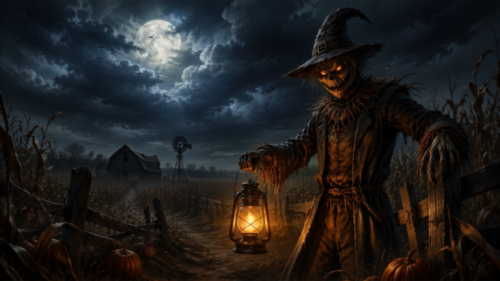 Scary scarecrow animated background with glowing eyes and a lantern in a moonlit Halloween cornfield