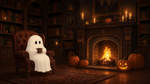 Cozy ghost animated background with a cute spirit holding a warm drink beside a fireplace in a candlelit Halloween library