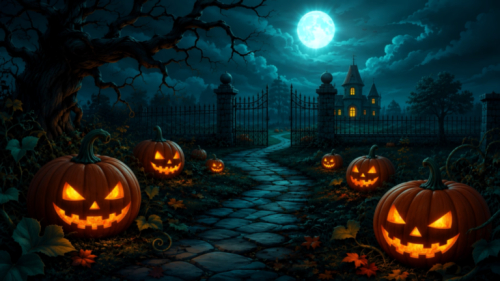 Glowing jack-o’-lanterns in a Halloween animated background with a moonlit stone path, open gothic gates, twisted tree and distant haunted house
