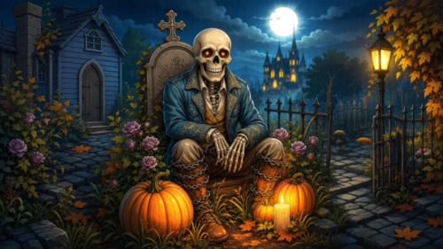 Gothic Halloween animated background with a glowing-eyed skeleton seated in a moonlit graveyard with pumpkins, roses, lantern, chapel and distant castle