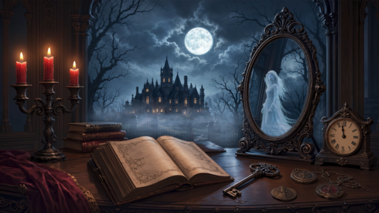Ghost in the Mirror animated background with a spectral woman, moonlit haunted mansion, red candles, antique book and old key