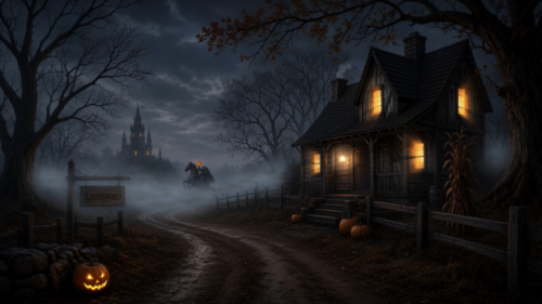 Headless Horseman Halloween animated background with a glowing jack-o’-lantern, foggy country road, dark farmhouse, bare trees and distant gothic castle