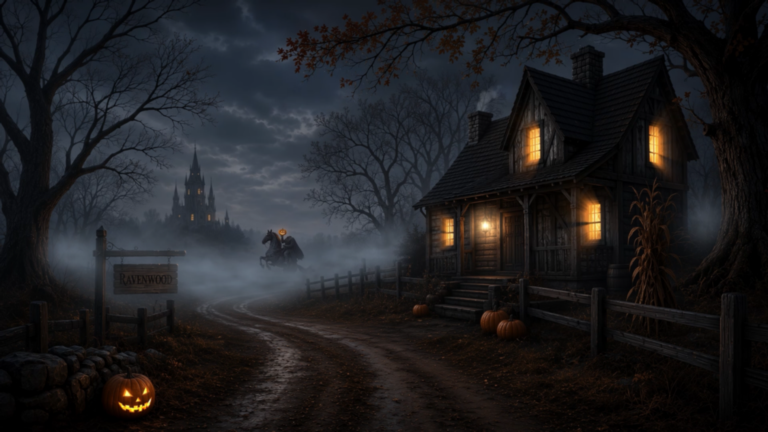 Headless Horseman on Foggy Road 3 Headless Horseman Halloween animated background with a glowing jack-o’-lantern, foggy country road, dark farmhouse, bare trees and distant gothic castle