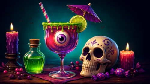 Halloween eyeball cocktail animated background with green slime, skull, glowing potion bottle and melting candles
