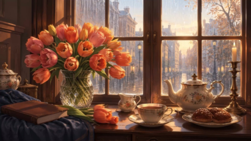 Tulip Bouquet by Rainy Window