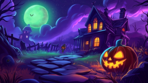 Haunted house animated background with a glowing jack-o’-lantern, green full moon, bats and purple Halloween night