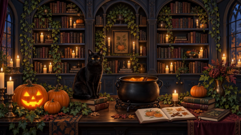 Witchy Library with Black Cat